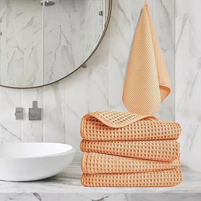 POLYTE Microfiber Lint Free Hand Towel, 16 x 30 in, 4 Pack (Orange, Waffle Weave)