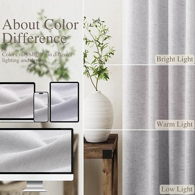 Nanspring Grey100% Blackout Kitchen Curtains Back Tab Rod Pocket Linen Curtain Thermal Insulated Textured Short Blackout Curtains 2 Panels Set 52x54