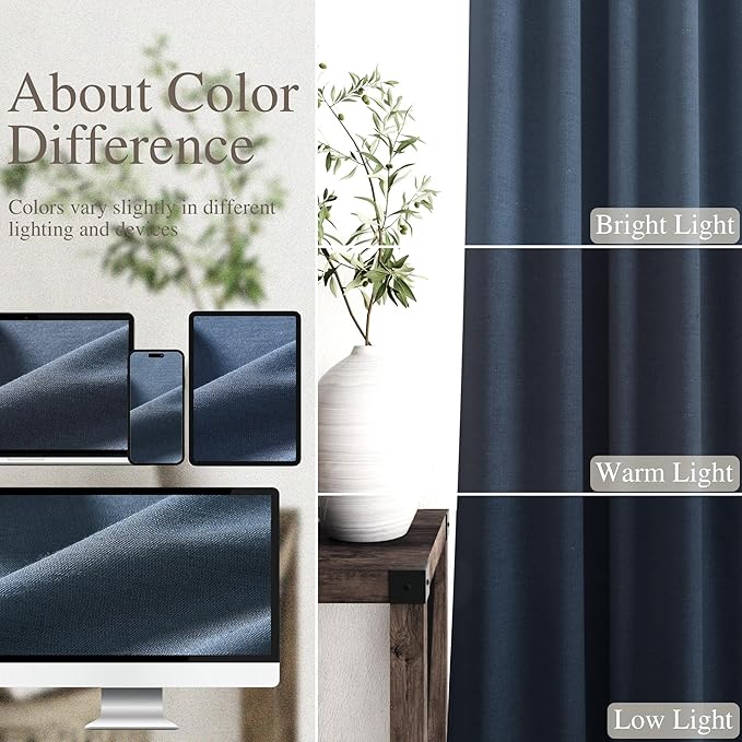 Vintage Blue Linen Blackout Curtains 120 Inch Length 2 Panels Set Burg Extra Long 10 Ft Back Tab Pocket Drapes Cotton Textured Total Sun Blocking Curtains for Living Room Cottage High Window 52x120