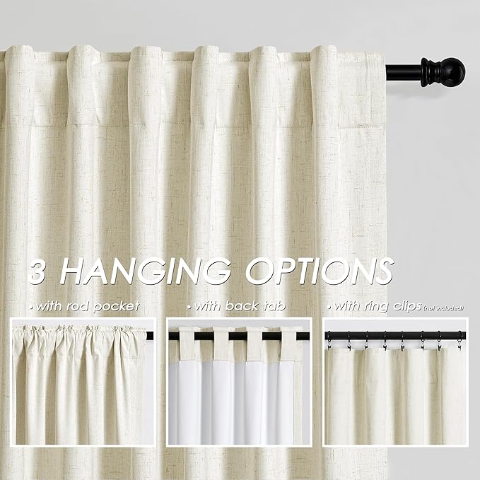 Nanspring Full Black Out Warm Beige Window Curtains 108 Inches Long Loop Pocket Rod Pocket Flax Linen Sound Proof Full Blackout 2 Panels Set for Nursery Modern Farmhouse Curtains Drapes 52x108