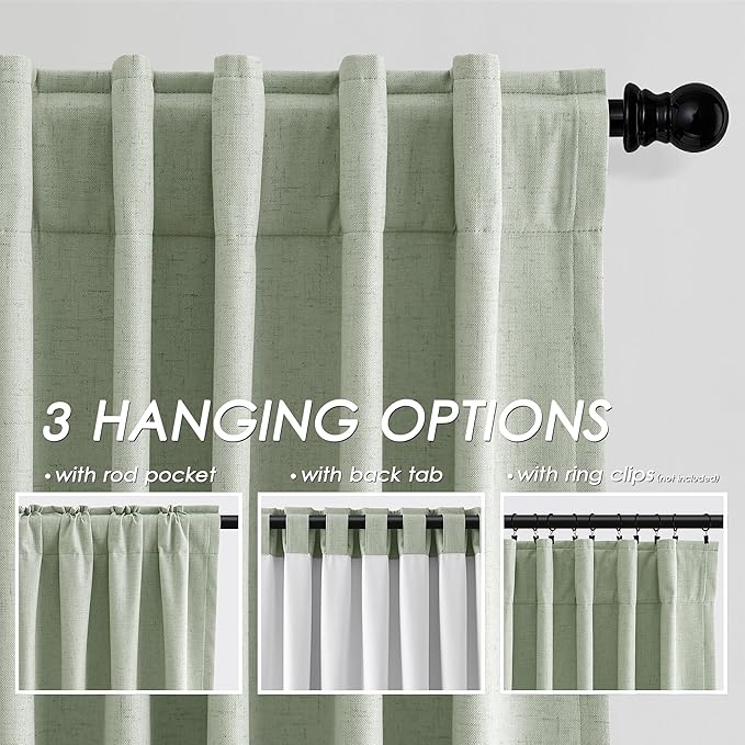 Mist Sage Linen Blackout Curtains 90 Inches Long Loop Pocket Rod Pocket Thermal Insulated Noise Cancelling Room Darkening 2 Panels Set for Living Room Elegant Modern Curtains Drapes 52x90