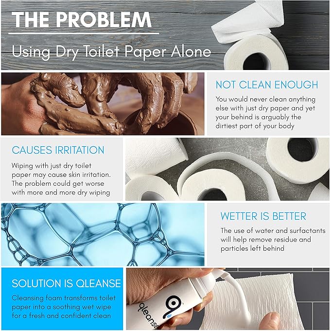 Qleanse Toilet Paper Foam Spray and Caddy Combo - Wet Wipe Alternative and 100% Flushable