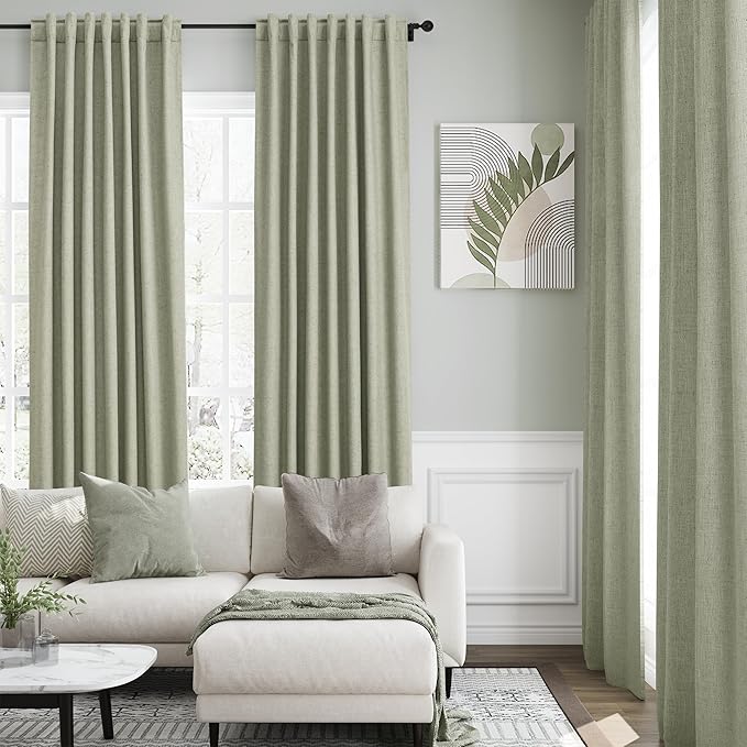 Sage Green Linen 100% Black Out Curtains 108 Inches Long 2 Panels Set for Bedroom Boho Farmhouse Back Tab Thermal Insulated Energy Efficient Curtains Living Room High Ceiling Length 9 FT 52x108