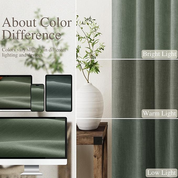 Olive Green Linen 100% Black Out Curtains 108 Inches Long 2 Panels Set for Bedroom Boho Farmhouse Back Tab Thermal Insulated Energy Efficient Curtains Living Room High Ceiling Length 9 FT 52x108