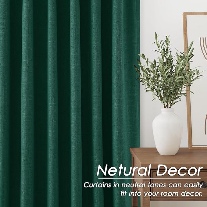 Nanspring 100% Blackout Curtains 2 Panels Set Back Tab Dark Green Window Curtains 102 Inches Long Full Black Out Cotton Textured Linen Curtains Thermal Insulated for Living Room 52x102