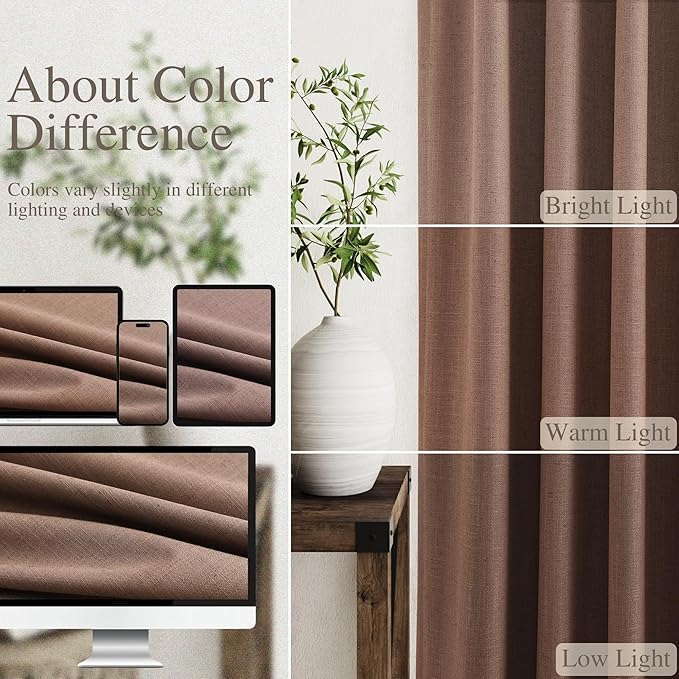 Caramel Brown Linen Blackout Curtains 108 Inches Long 2 Panel Set for Living Room Back Tab Pocket Drapes Cotton Textured Room Darkening Light Blocking Curtain for Bedroom Cottage High Window 52x108