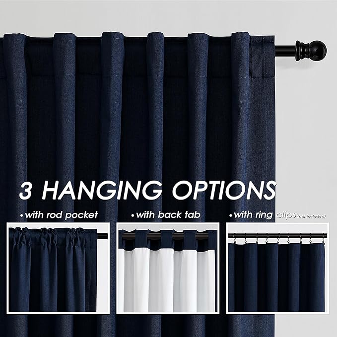 Navy Blue Linen Blackout Curtains 132 inch Length Back Tab Rod Pocket Thermal Insulated Textured Living Room Blackout Curtains 2 Panels Set 52x132