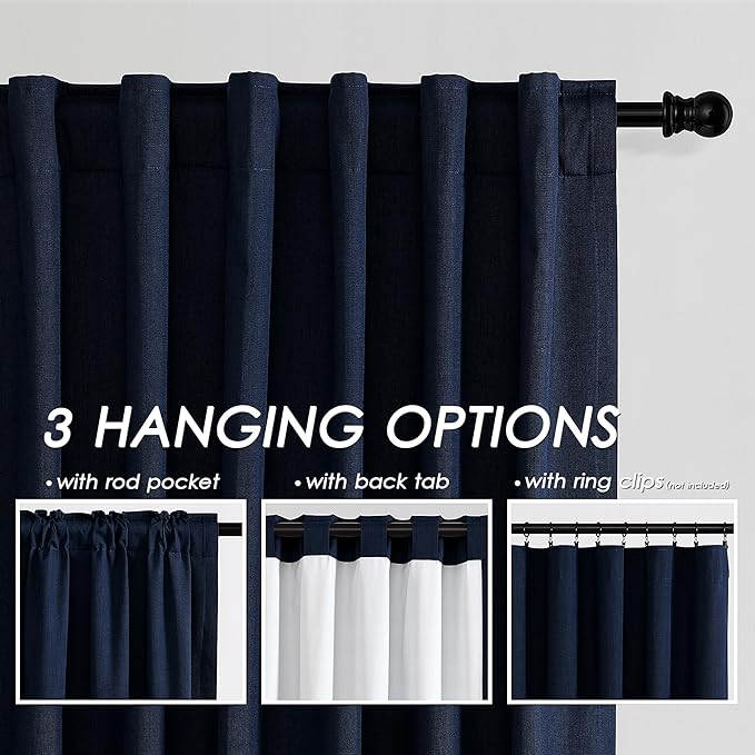 100% Blackout Linen Curtains 105 Inches Long 2 Panels for Bedroom Back Tab Pinch Pleated Black Out Curtains Modern Noise Cancelling Total Light Blocking Window Curtain 105 Inch Length Navy Blue