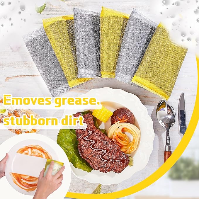 Thyle 12 Pack Steel Scrub Sponges for Dishes Non Scratch Scouring Sponge Multi Use Metal Scrubber Heavy Duty Dish Wash Kitchen Sponge for Pot Dish Washing Hard Surface Cleaning Tools (Gray,Yellow)