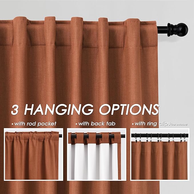 Nanspring Terracotta Linen Kitchen Curtains Back Tab Rod Pocket Drapes Thermal Insulated Textured Short Blackout Curtains 2 Panels Set 52x54