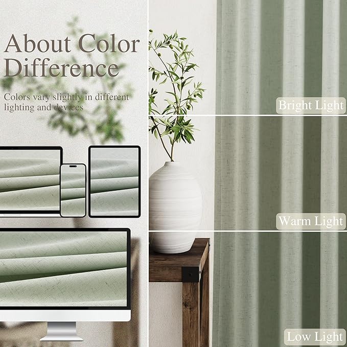 Mist Sage Linen Blackout Curtains 90 Inches Long Loop Pocket Rod Pocket Thermal Insulated Noise Cancelling Room Darkening 2 Panels Set for Living Room Elegant Modern Curtains Drapes 52x90