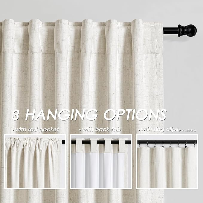 Nanspring Beige White Linen Blackout Curtains 96 Inches Long Back Tab Rod Pocket Sound Absorbing Light Blocking 2 Panels Set for Dining Room Neutral Rustic Modern Farmhouse Curtains Drapes 52x96