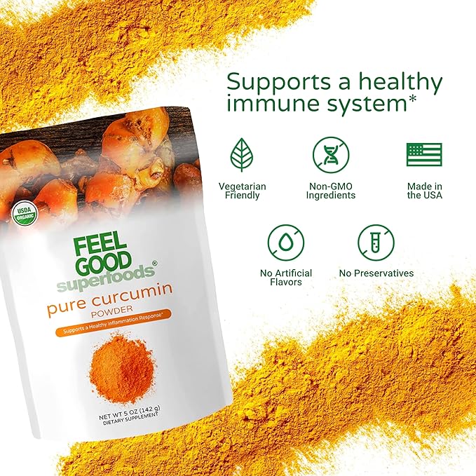 FEEL GOOD Organic Superfoods Pure Curcumin Powder, Organic, Non-GMO, Vegan from Bulk Ground Turmeric Root from India, Curcuma Longa Joint Supplement, 5 oz