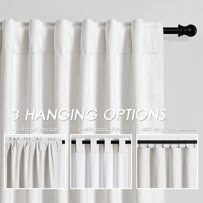 Nanspring Cream White Linen Blackout Curtains 80 inch Length Back Tab Rod Pocket Thermal Insulated Textured Living Room Blackout Curtains 2 Panels Set 52x80