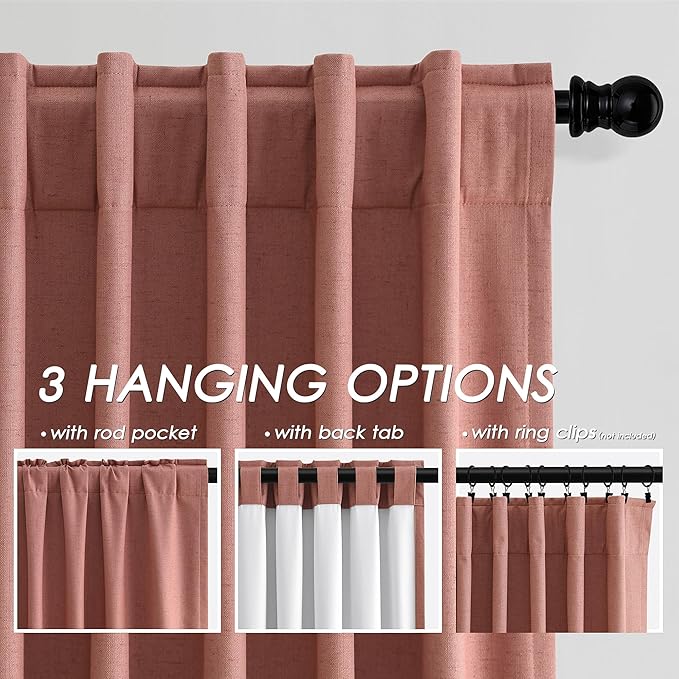 Canyon Rose Linen Blackout Curtains 120 Inch Length 2 Panels Set Extra Long Thermal Insulated Total Blocking Curtains 10 FT Back Tab Pocket Drapes for Dining Room Cottage High Window Curtain 52x120