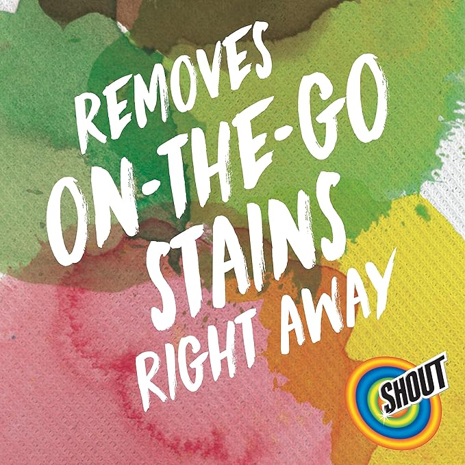 Shout Wipes Stain Remover for Clothes Laundry, Instant Stain Remover and Individually Wrapped, Travel Essentials, Works on Everyday Stains, 12 Wipes per Carton (1 Carton)