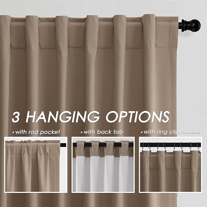 Tan Linen Blackout Curtains 120 Inch Length 2 Panels Set Extra Long 10 Ft Back Tab Pocket Drapes Thermal Insulated Total Blocking Curtains for Dining Room Cottage High Window Curtain 52x120 Inch