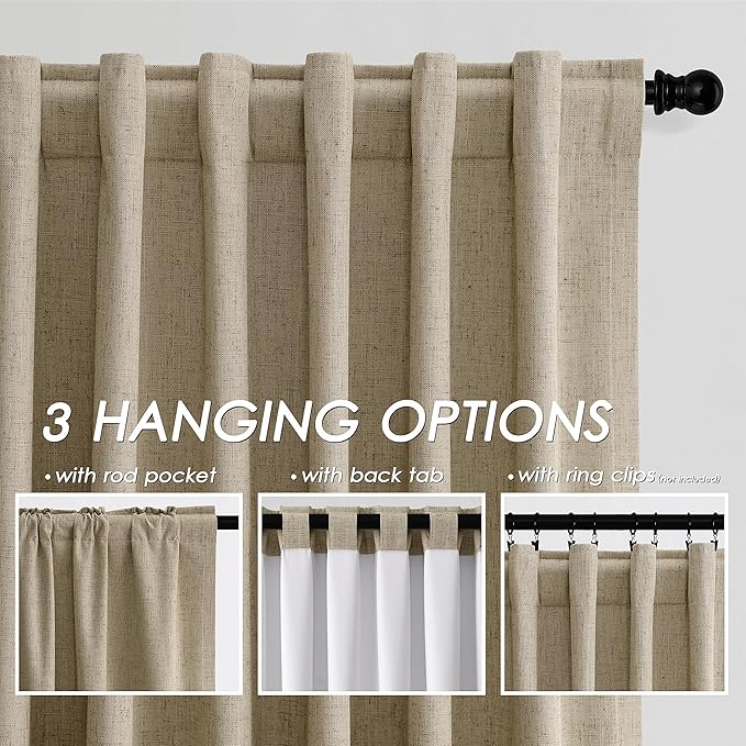 Extra Long Blackout Curtains 108 Inches Long Tan Brown Modern Linen Back Tab Rod Pocket Curtains for Sliding Glass Doors Thermal Light Blocking Floor Length Windows Drapes With White Backing 9Ft