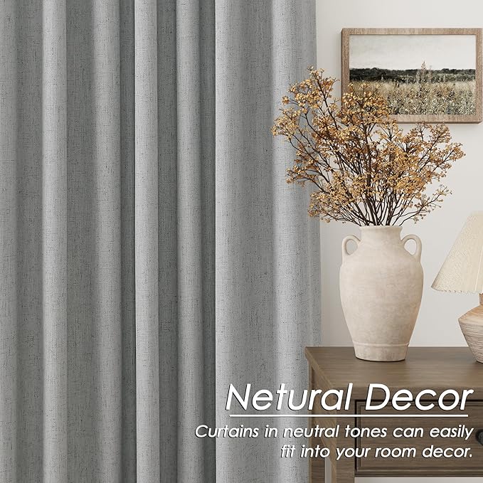 Extra Long Blackout Curtains 108 Inches Long Silver Grey Modern Linen Back Tab Pocket Curtains for Sliding Glass Doors Thermal Light Blocking Floor Length Windows Drapes With White Backing 52X108