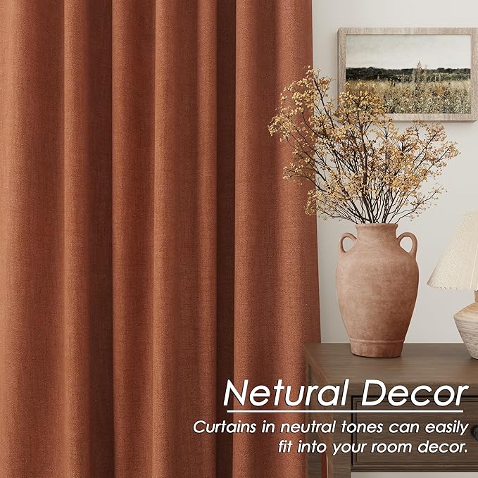 Terracotta Linen 100% Black Out Curtains 108 Inches Long 2 Panels Set for Bedroom Boho Farmhouse Back Tab Thermal Insulated Energy Efficient Curtains Living Room High Ceiling Length 9 FT 52x108