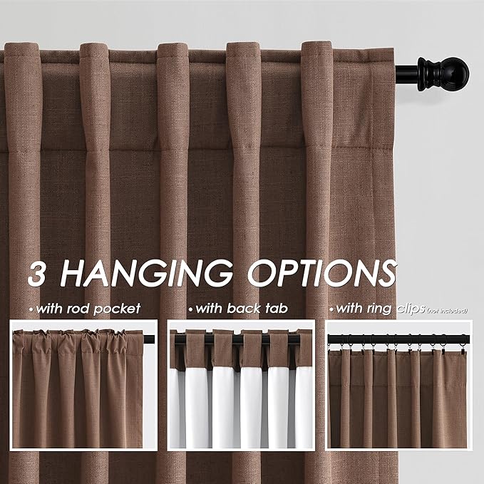 Caramel Brown Linen Curtains 90 inch Length 2 Panels Set for Bedroom Thermal Insulated 100% Blackout Linen Drapes Back Tab Neutral Rustic Modern Farmhouse Room Darkening Curtain 52x90