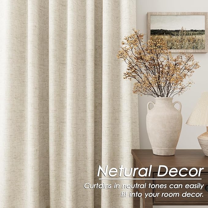 Tan Beige Linen Blackout Curtains 80 Inches Long for Bedroom Back Tab Burlap Flax Linen Drapes Blackout Rustic Farmhouse Full Light Blocking Winter Thermal Insulated Curtain 80 Inch Length 2 Panels