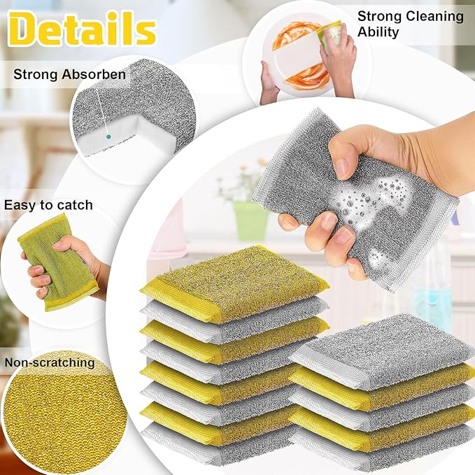 Thyle 12 Pack Steel Scrub Sponges for Dishes Non Scratch Scouring Sponge Multi Use Metal Scrubber Heavy Duty Dish Wash Kitchen Sponge for Pot Dish Washing Hard Surface Cleaning Tools (Gray,Yellow)