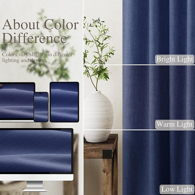 100% Blackout Linen Curtains 108 Inch Long 2 Panels Classic Blue Back Tab Modern Urban Noise Cancelling Thermal Insulated Total Light Blocking Window Curtains for Bedroom High Ceiling Spaces 52X108
