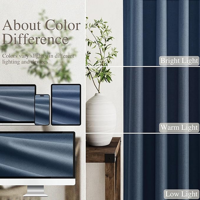 2 Panels Set Denim Blue Linen Curtains 120 Inch Length Extra Long 10 FT Back Tab Pocket High Ceiling to Floor 10FT Thermal Insulated Total Light Blocking for Dining Room Cottage Windows 52x120