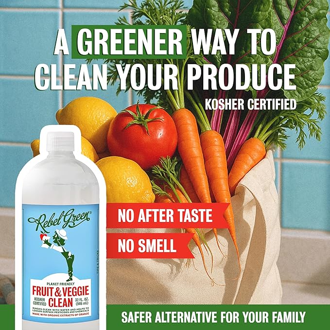 Rebel Green Fruit & Veggie Clean - Plant-Based Produce Cleaner - Natural Fruit and Vegetable Wash with No Aftertaste - Chemical & Wax Removal - Made with Organic Extracts of Citrus - 2 Pack 16 FL OZ