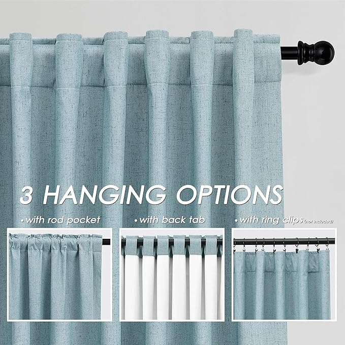 Full Black Out Light Blue Window Curtains Panels 102 Inches Long 2 Panels Set for Living Room Cotton Textured Long Blackout Curtain with Backing Thermal Insulated Drapes for Nursery Bedroom 52x102