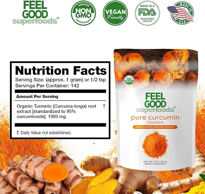FEEL GOOD Organic Superfoods Pure Curcumin Powder, Organic, Non-GMO, Vegan from Bulk Ground Turmeric Root from India, Curcuma Longa Joint Supplement, 5 oz