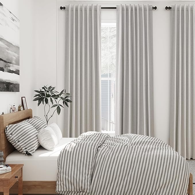 Extra Long Blackout Curtains 108 Inches Long Silver Birch Modern Linen Back Tab Pocket Curtains for Sliding Glass Doors Thermal Light Blocking Floor Length Windows Drapes With White Backing 52X108