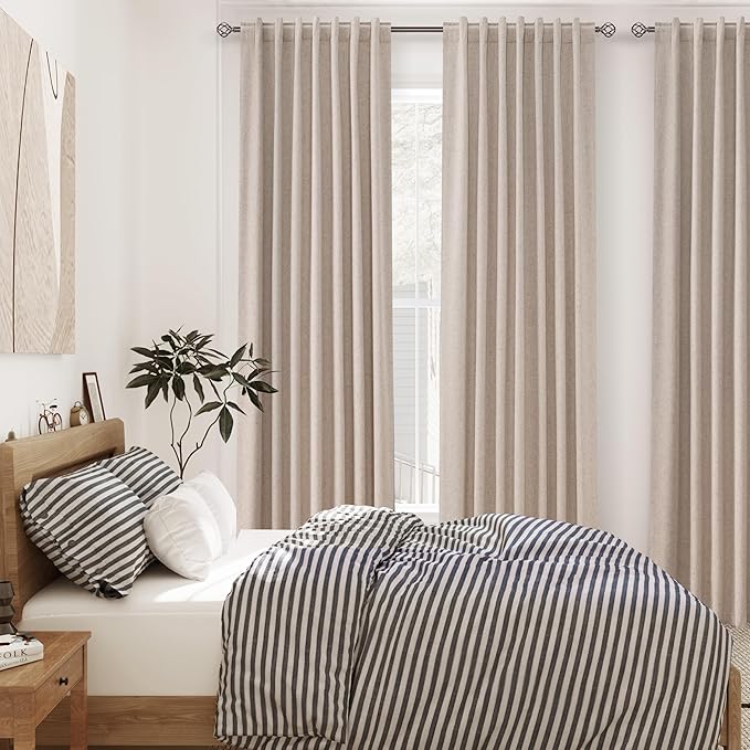 Oatmeal Blackout Curtains 96 Inches Long for Bedroom Linen Blend Back Tab Darkening Drapes for Living Room Elegant Modern Style Black Out Curtains 2 Panels Sound Proof Curtain for Window 52X96