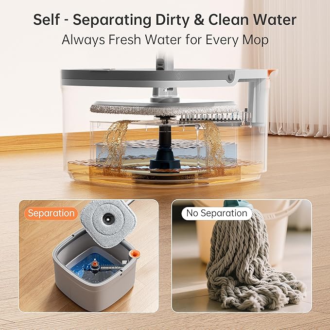 Spin Mop and Bucket Set with Self - Separation System, 360 - Degree Spinning Self - Wringing, Square Cleaning Mop and Bucket with Wringer, with Replaceable Mops (Light Grey - 2 Pads)
