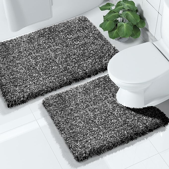 Yimobra Bathroom Rugs Sets 2 Piece, Soft Absorbent Bath Mat and U-Shaped Toilet Rug with Non Slip Backing, Machine Washable, Plush Shaggy Bath Mats for Bathroom, 32"x20"+24"x20", Black and White