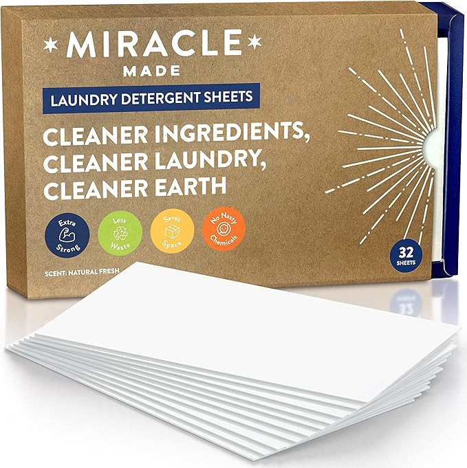 Miracle Made Liquidless Laundry Detergent Sheets – Eco-Friendly, Gentle Fabric Softener – No Dye, Bleach, or Paraben– 32 Strips (64 Loads) – Fresh Linen Scent