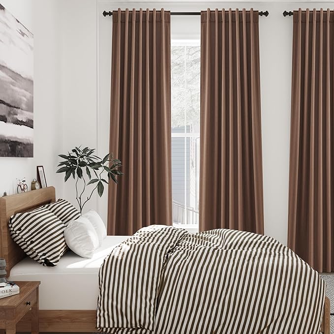Caramel Brown Linen Curtains 90 inch Length 2 Panels Set for Bedroom Thermal Insulated 100% Blackout Linen Drapes Back Tab Neutral Rustic Modern Farmhouse Room Darkening Curtain 52x90
