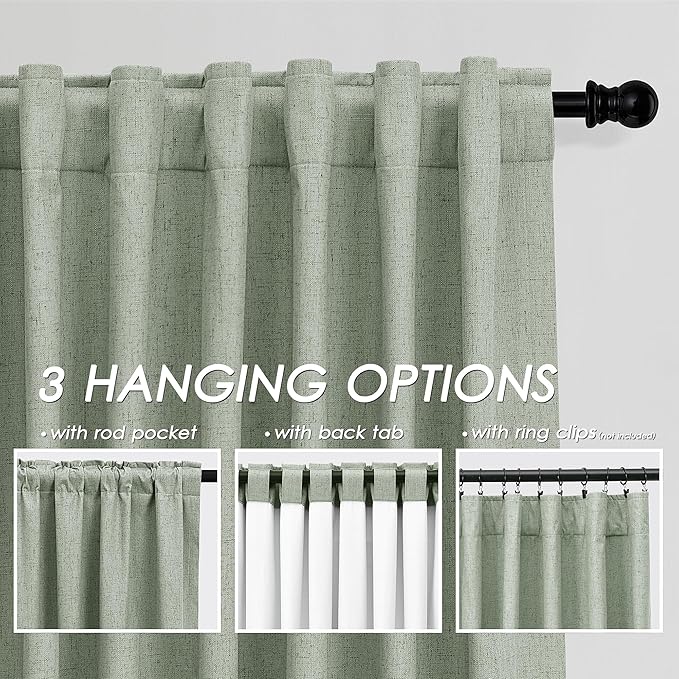 Nanspring 100% Blackout Linen Curtains 120 Inch Long 2 Panels Desert Sage Modern Urban Drapes Extra Long 10 FT Back Tab Pocket Thermal Insulated Curtains for Dining Room High Ceiling 52X120