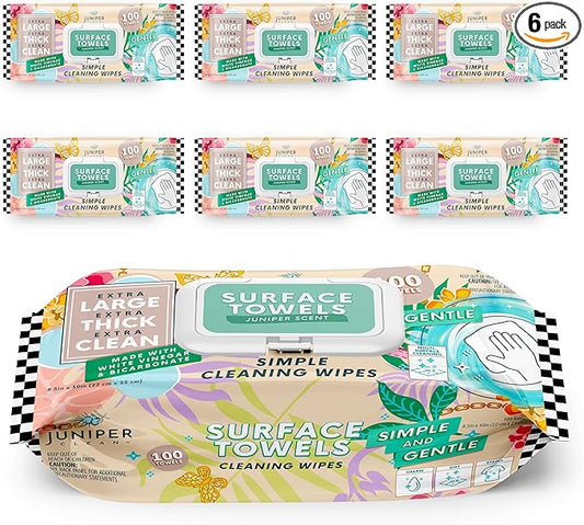 6 Packs Surface Cleaning Wipes Bleach Free, Thick & Large Dispose, All-Purpose Cleaner for Bathroom, Kitchen, Office, 600 Count Soft Flow, Biodegradable, Juniper Scent