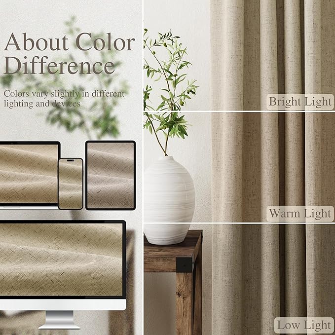 Extra Long Blackout Curtains 108 Inches Long Tan Brown Modern Linen Back Tab Rod Pocket Curtains for Sliding Glass Doors Thermal Light Blocking Floor Length Windows Drapes With White Backing 9Ft