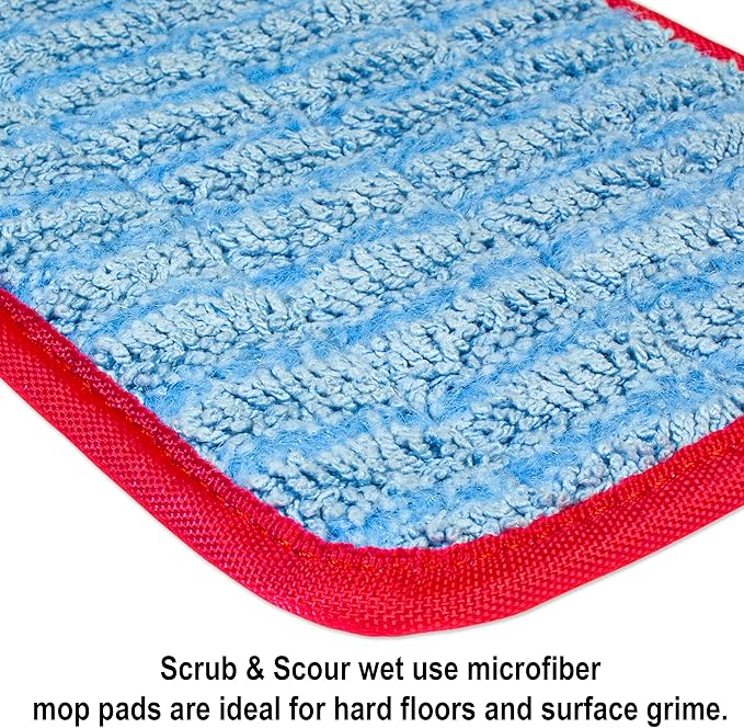 CleanAide Twist Yarn Microfiber Flat Mop Pad with Scrub Strips for 18" Mop Plates, Reusable, Dual-Action Dry & Wet Cleaning for Homes & Offices for Hardwood, Tile, Laminate & Vinyl Floors, Red
