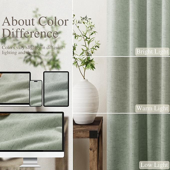 Nanspring Desert Sage Linen Blackout Curtains 90 Inches Long Loop Pocket Rod Pocket Flax Linen Sound Absorbing Light Blocking 2 Panels Set for Dining Room Modern Urban Curtains Drapes 52x90