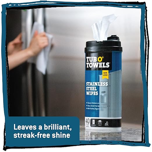 Tub O' Towels Heavy Duty Stainless Steel Cleaner Wipes, 40 Count, with 12” x 12: Micro Fiber Cloth