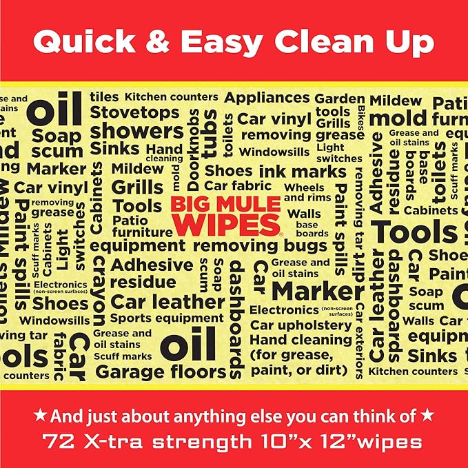 Mule Head Brand XL Heavy-Duty Cleaning Wipes – (10" x 12") – All-Purpose Garage, Automotive & Car Interior Cleaning – Ink, Paint, Tar & Grime Remover – Safe for Hands, Home, Tools & Multiple Surfaces