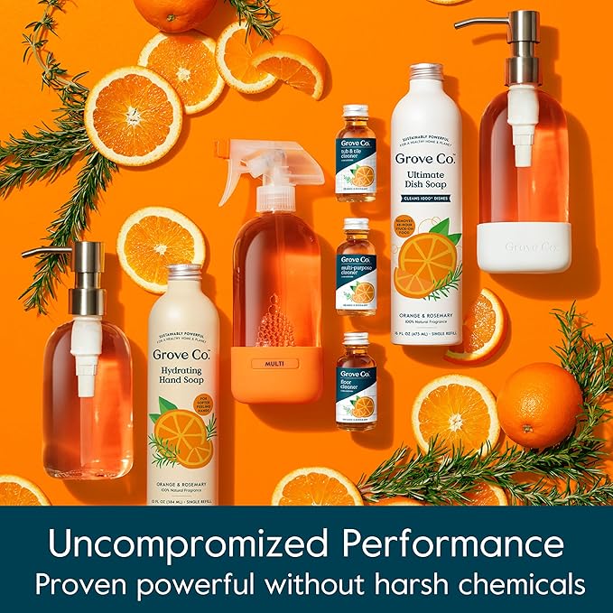 Grove Co. Ultimate Dish Soap Refills (3 x 16 Fl Oz) + Refillable Glass Dish Soap Dispenser for Kitchen Sink with Non-Slip Silicone Sleeve, Plastic Free Cleaning Products, Orange & Rosemary