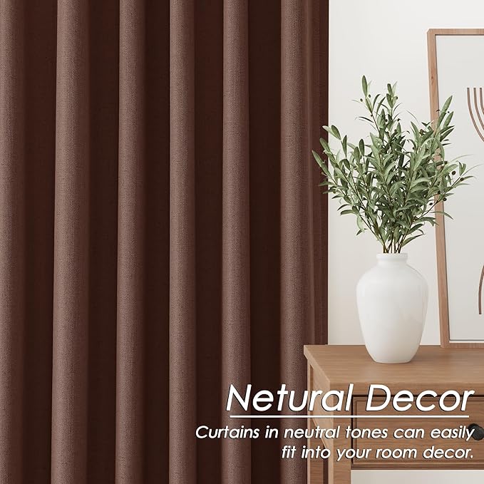 Nanspring Rustic Brown Linen Blackout Curtains 84 Inches Long Back Tab Rod Pocket Drapes Noise Reducing Flax Linen Sound Proof Full Blackout 2 Panels Set for Nursery Modern Farmhouse Curtains 52x84