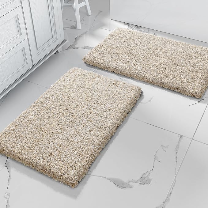 Yimobra Bathroom Rug Set 2 Piece, Soft Absorbent Microfiber Bath Mat Set, Non Slip Machine Washable Dry, Plush Shaggy Shower Rugs for Bathroom Floor, 32"x20"+24"x17", Light Beige & White