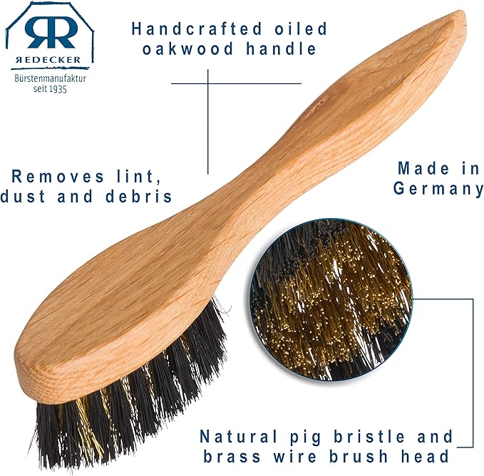 Redecker Wire and Natural Pig Bristle Suede Brush with Oiled Oakwood Handle, 6-7/8-Inches