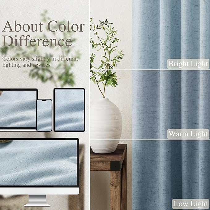 100% Blackout Linen Curtains 90 inch Length 2 Panels for Living Room Loop Pocket Pinch Pleated Black Out Drapes Blue Colored Heat Reducing Total Blackout Window Curtains for Bedroom 90 inches Long